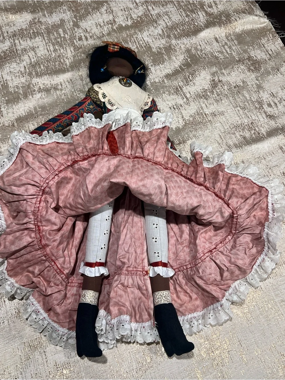Handmade 22 in Cloth Rag Doll, Dark Girl w/ Black Curly Hair, Victorian